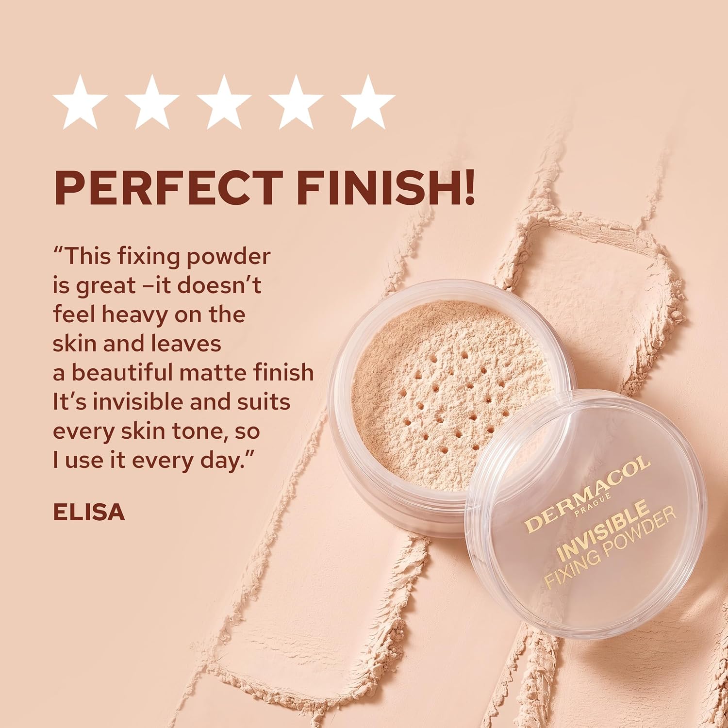 Pó fixador translúcido Dermacol Invisible Fixing Powder, acabamento matte, à prova de toque, para pele oleosa e outros tipos de pele, pó solto com esponja aplicadora, sem perfume, 13,5 g – LIGHT - Imagem 7