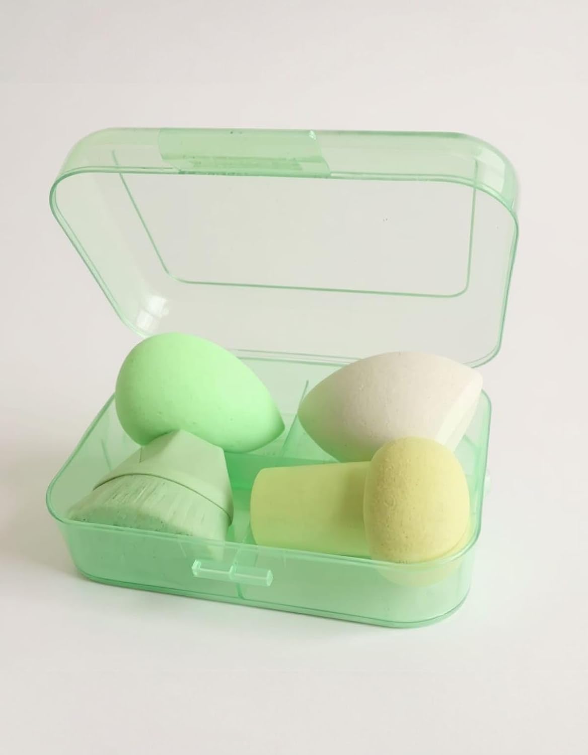 Kit Esponja de Maquiagem Hexagonal com Estojo, Pincel Maquiagem Hexagonal Magico Kabuki, Chanfrada, Esponja Gota e Esponja Cogumelo (Verde) - Imagem 2
