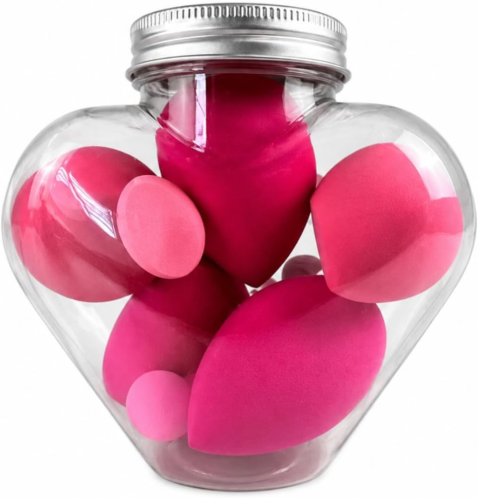 Kit 7 Esponjas de Maquiagem Sem Látex, Formatos Gota e Chanfrada, com Mini Esponjas e Pote Organizador
