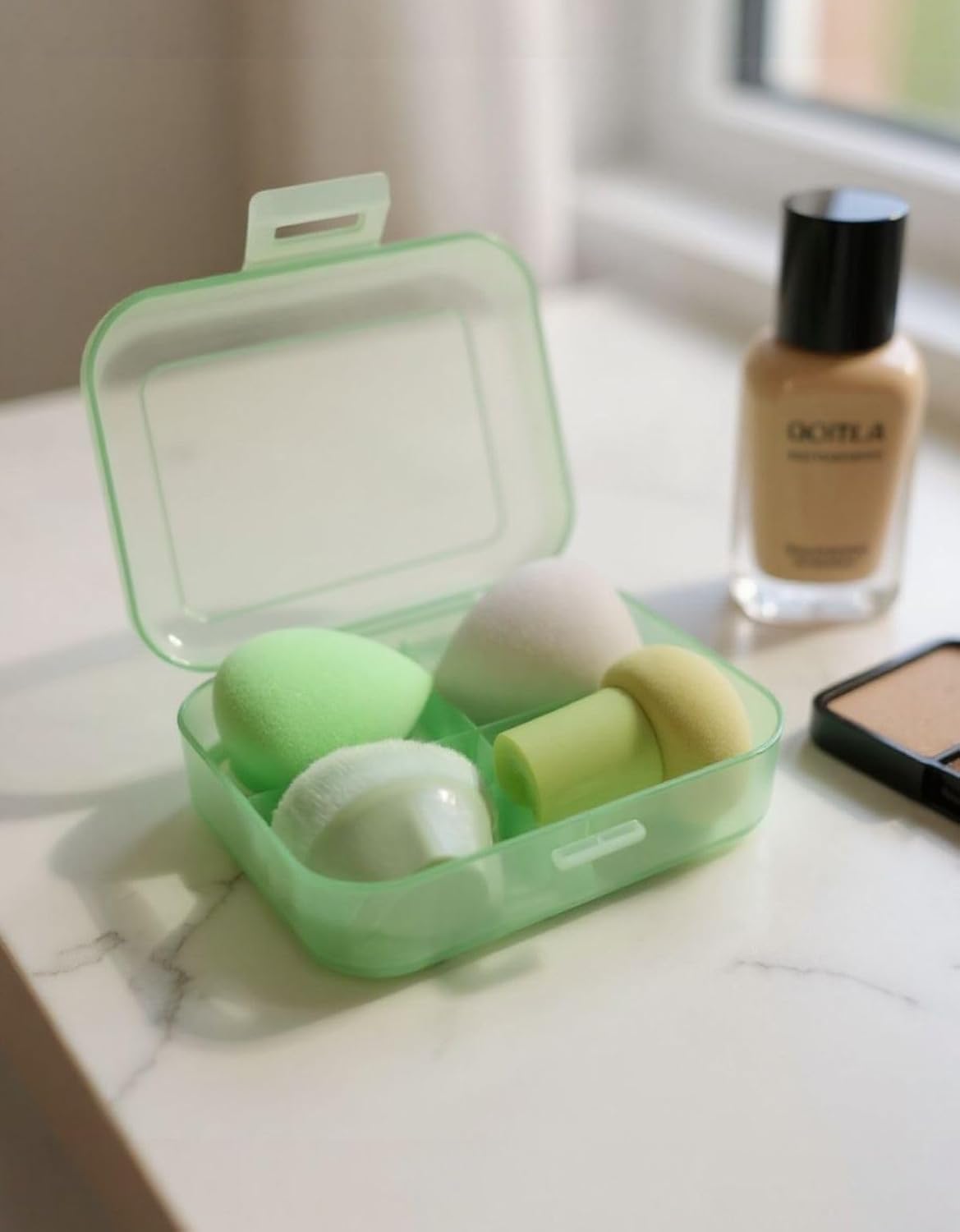 Kit Esponja de Maquiagem Hexagonal com Estojo, Pincel Maquiagem Hexagonal Magico Kabuki, Chanfrada, Esponja Gota e Esponja Cogumelo (Verde) - Imagem 3