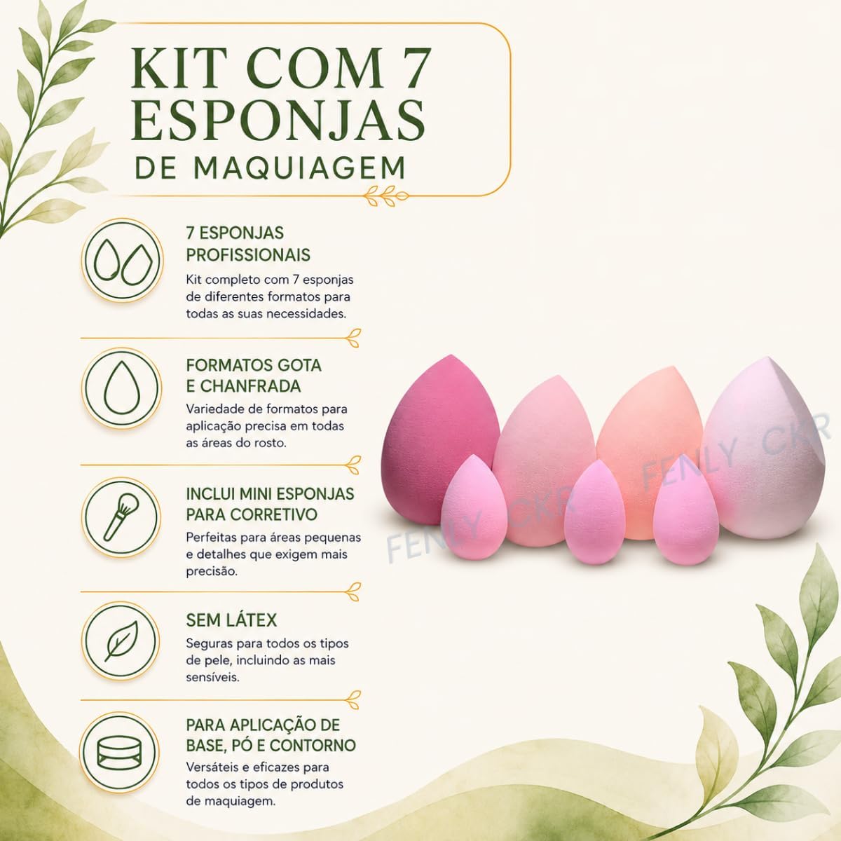 Kit 7 Esponjas de Maquiagem Sem Látex, Formatos Gota e Chanfrada, com Mini Esponjas e Pote Organizador - Imagem 2