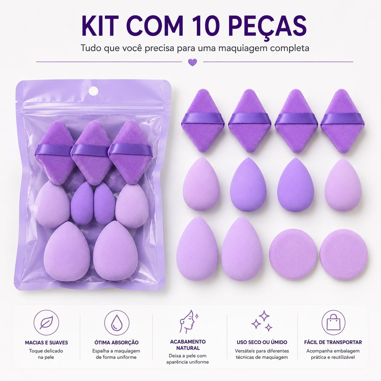 Kit 10 Esponjas de Maquiagem e Puffs Multiformatos para Base, Corretivo, Pó e Contorno Acabamento Uniforme - Imagem 6