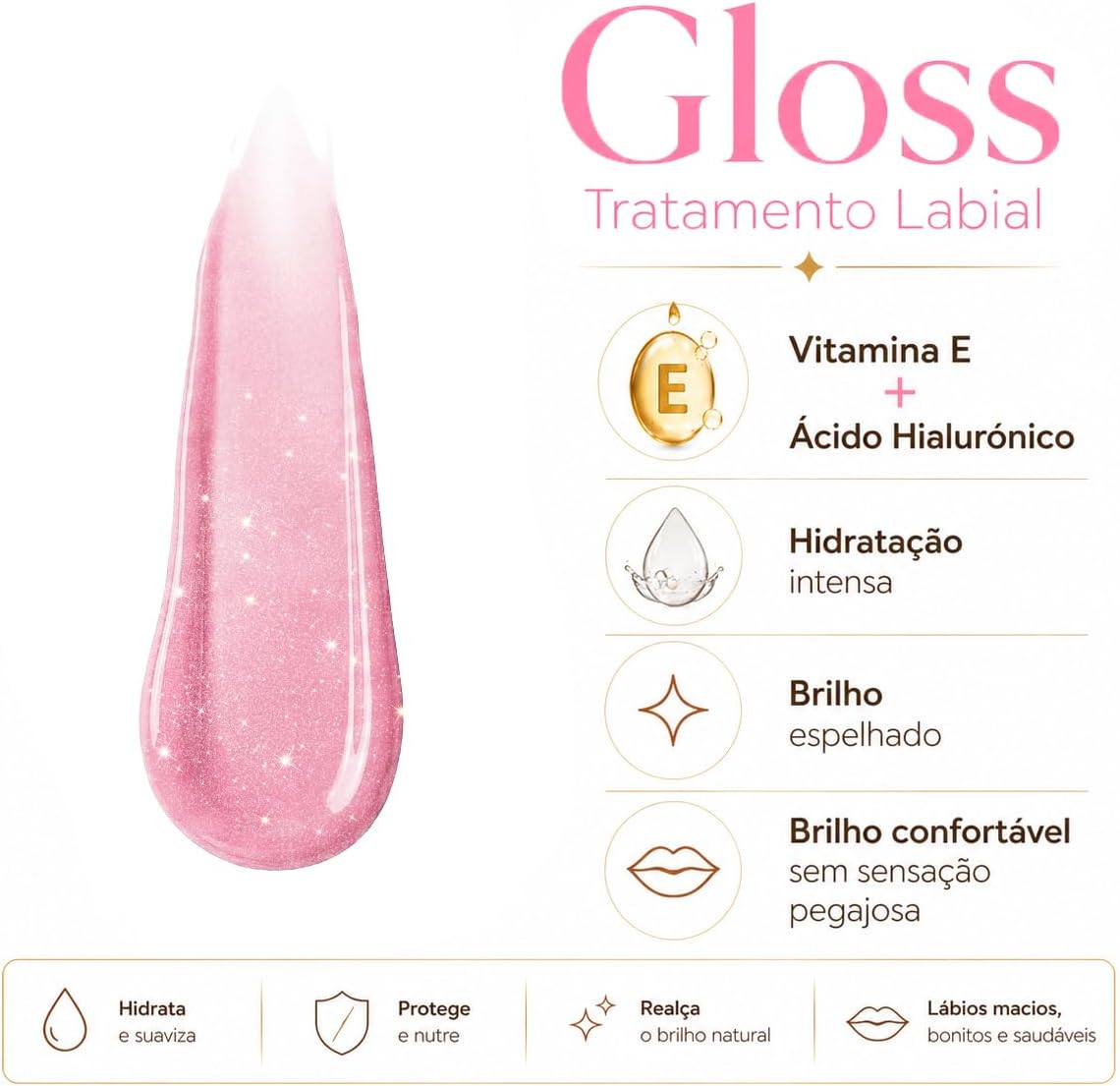 Gloss Labial Cristal Clear Kause Be | Brilho Natural com Ácido Hialurônico e Vitamina E | Hidratante, Textura Confortável e Não Pegajosa | Pode Usar Sozinho ou Sobre Batom (Rose Gold) - Imagem 7