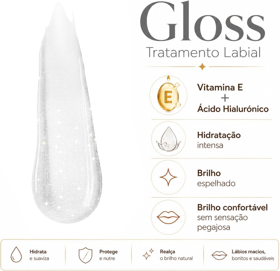 Gloss Labial Cristal Clear Kause Be | Gloss Labial Cristal Clear KAUSE BE | Hidratação e Brilho Natural | Com Ácido Hialurônico e Vitamina E | Textura Confortável | Uso Diário - Imagem 7