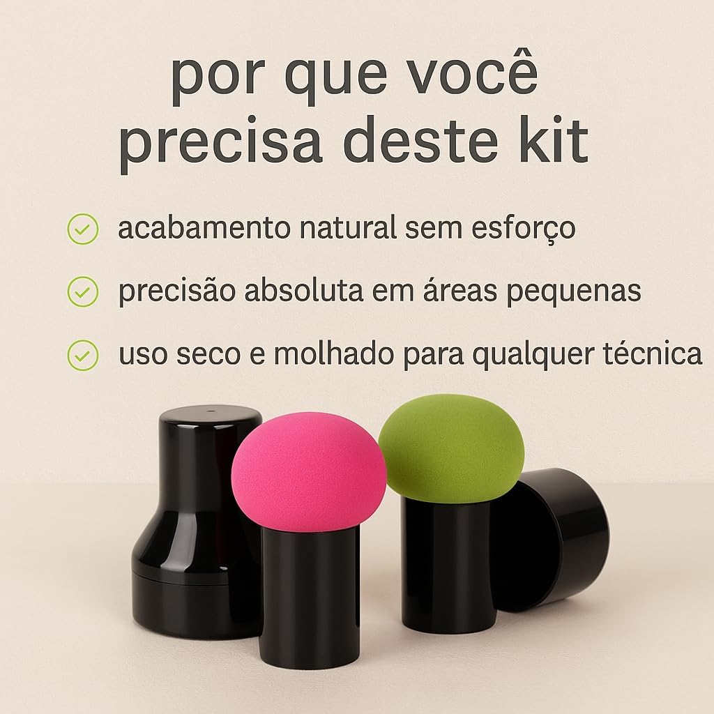 Kit 2 Mini Esponjas Mushroom com Cabo para Maquiagem – Velvet PU, Uso Seco e Molhado, Acabamento Profissional, Precisão em Corretivo e Base, Puffs Rosé & Verde com Case - Imagem 3