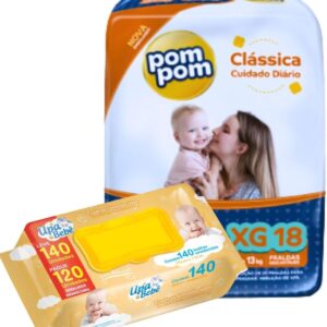 Kit 01 Pacote Fraldas Descartáveis PomPom P M G XG + 140 Lenços Toalhas Umedecidos para Bebê UPA (X-Grande)