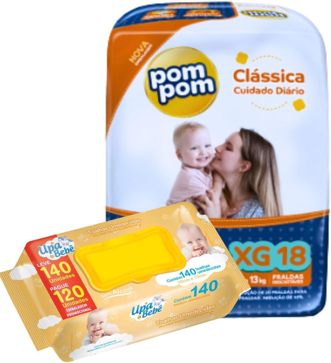 Kit 01 Pacote Fraldas Descartáveis PomPom P M G XG + 140 Lenços Toalhas Umedecidos para Bebê UPA (X-Grande)
