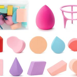 Kit 11 Esponjas de Maquiagem com Suporte, Formatos Variados (Gota, Coração, Diamante, Redonda, Triangular e Retangular), Cores Sortidas, Material Macio, Alta Expansão, para Base, Corretivo e Contorno