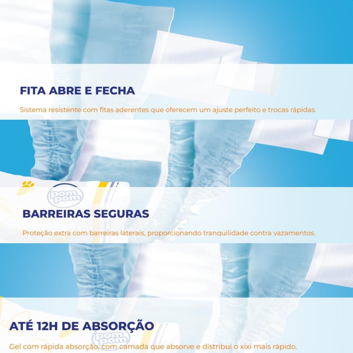 Kit 01 Pacote Fraldas Descartáveis PomPom P M G XG + 140 Lenços Toalhas Umedecidos para Bebê UPA (X-Grande) - Imagem 4