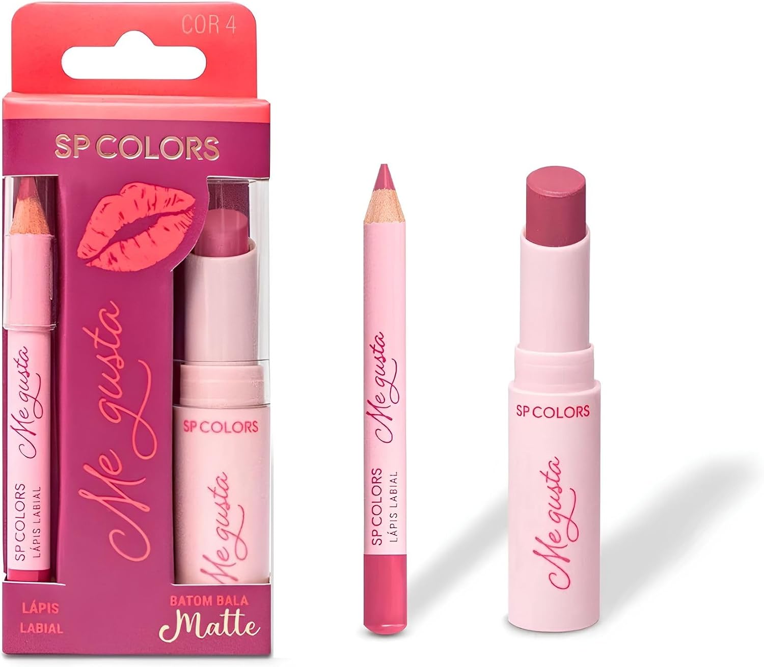 SP Colors Me Gusta Kit Lápis Labial e Batom Matte Rosa Cor 4 | Acabamento Matte, Cor Rosa, Kit Completo, Longa Duração, Uso Diário