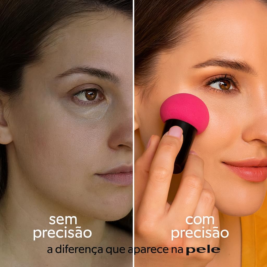 Kit 2 Mini Esponjas Mushroom com Cabo para Maquiagem – Velvet PU, Uso Seco e Molhado, Acabamento Profissional, Precisão em Corretivo e Base, Puffs Rosé & Verde com Case - Imagem 5