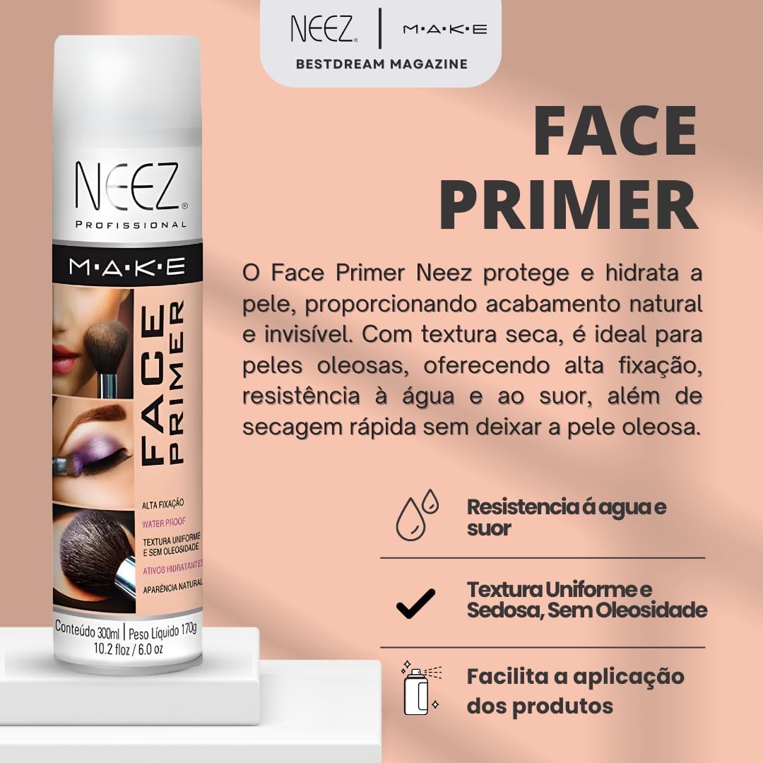 Kit 2 Primer Maquiagem Spray Neez Profissional Alta Fixação Make A Prova D'agua Facial 300ml - Imagem 2