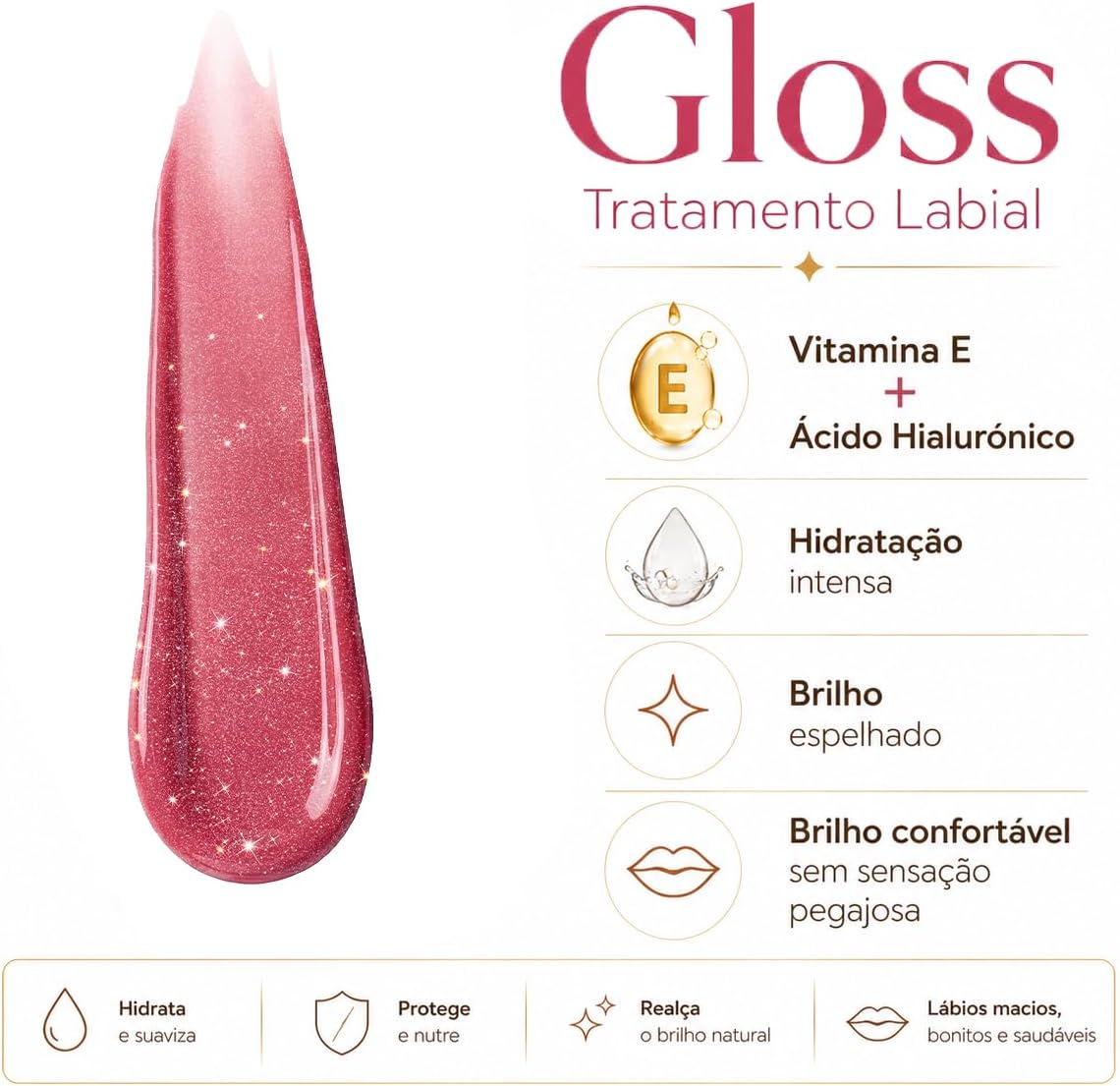 Gloss Labial Cristal Clear Kause Be | Brilho Natural com Ácido Hialurônico e Vitamina E | Hidratante, Textura Confortável e Não Pegajosa | Pode Usar Sozinho ou Sobre Batom (Malbec Glow) - Imagem 7
