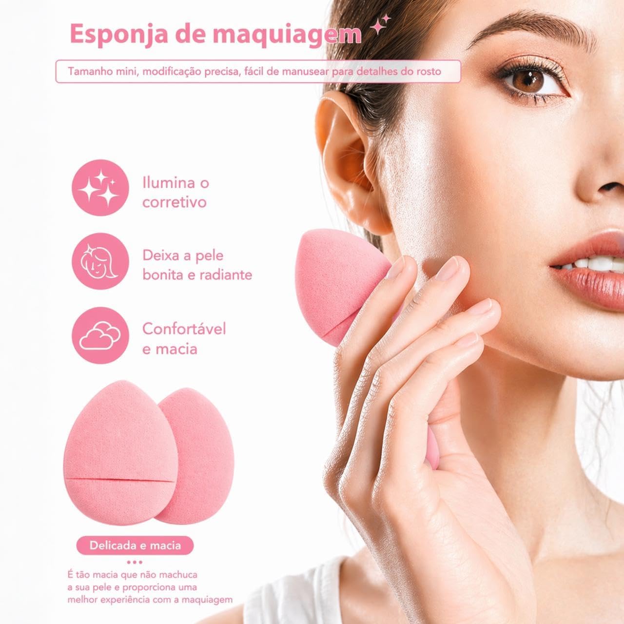 Esponja De Maquiagem Quarteto De Esponjas Gota Blend Mini Powder E Powder Puff Para Acabamento + Piranha Prendedor De Flor Grande (Rosa Claro) - Imagem 3