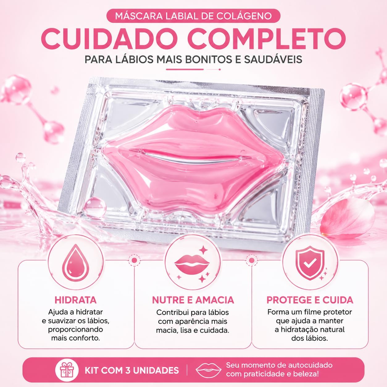 Kit 3x Máscara Labial de Colágeno de Cristal Rosa Hidratante Anti Rugas Nutritivo Beleza Lábios Premium - Imagem 4