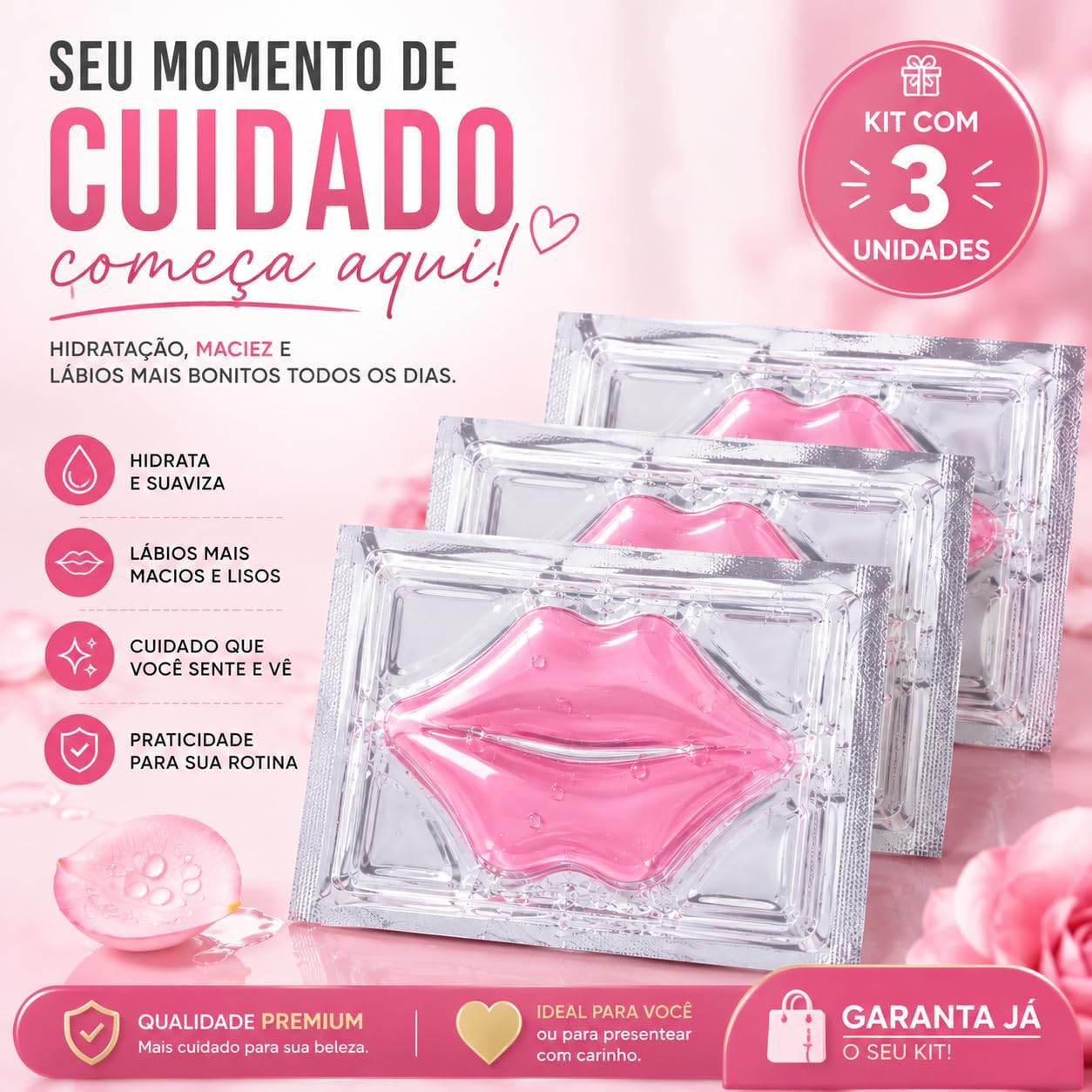 Kit 3x Máscara Labial de Colágeno de Cristal Rosa Hidratante Anti Rugas Nutritivo Beleza Lábios Premium - Imagem 9