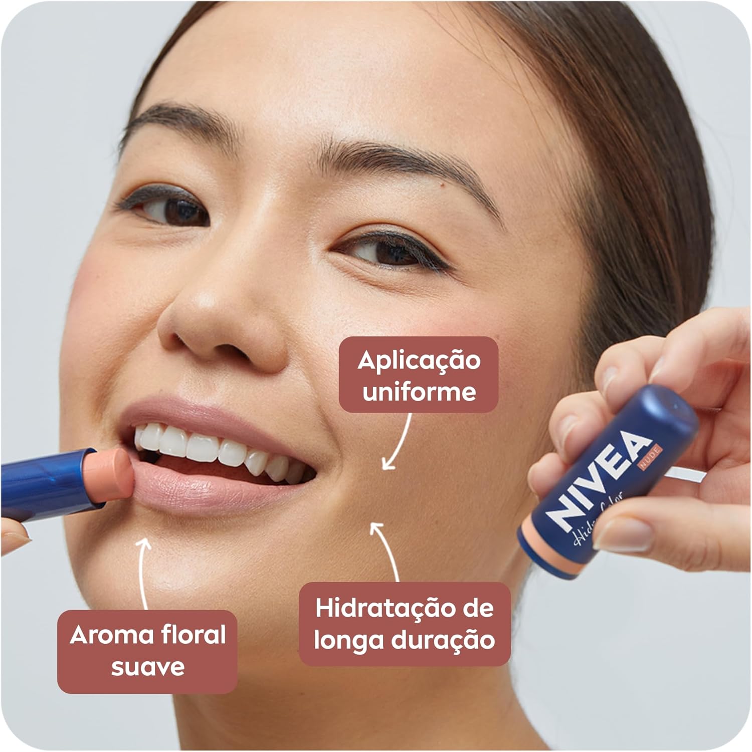 NIVEA Hidratante Labial Hidra Color 2 em 1 Nude 4,8g - Combina cor suave e hidratação enriquecida com Manteiga de Karité, Óleo de Amêndoas orgânico e Vitamina E, que protegem os lábios - Imagem 3