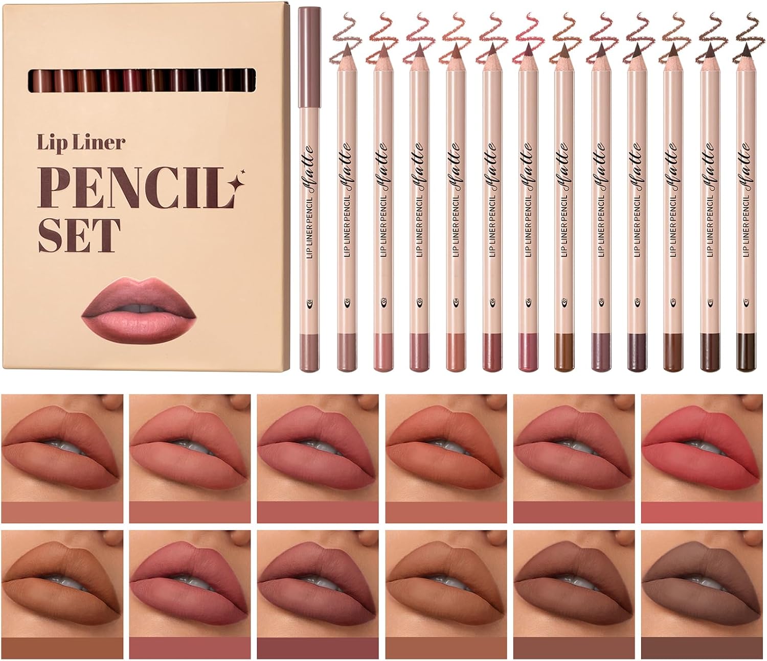 Conjunto de delineador labial de veludo fosco de 12 cores, lápis delineador labial altamente pigmentado, impermeável, sem manchas, lápis lipliners marrom natural nude de longa duração