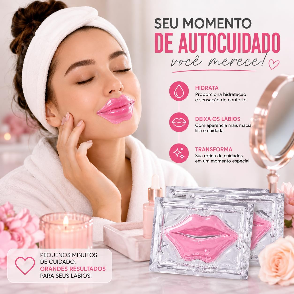 Kit 3x Máscara Labial de Colágeno de Cristal Rosa Hidratante Anti Rugas Nutritivo Beleza Lábios Premium - Imagem 7