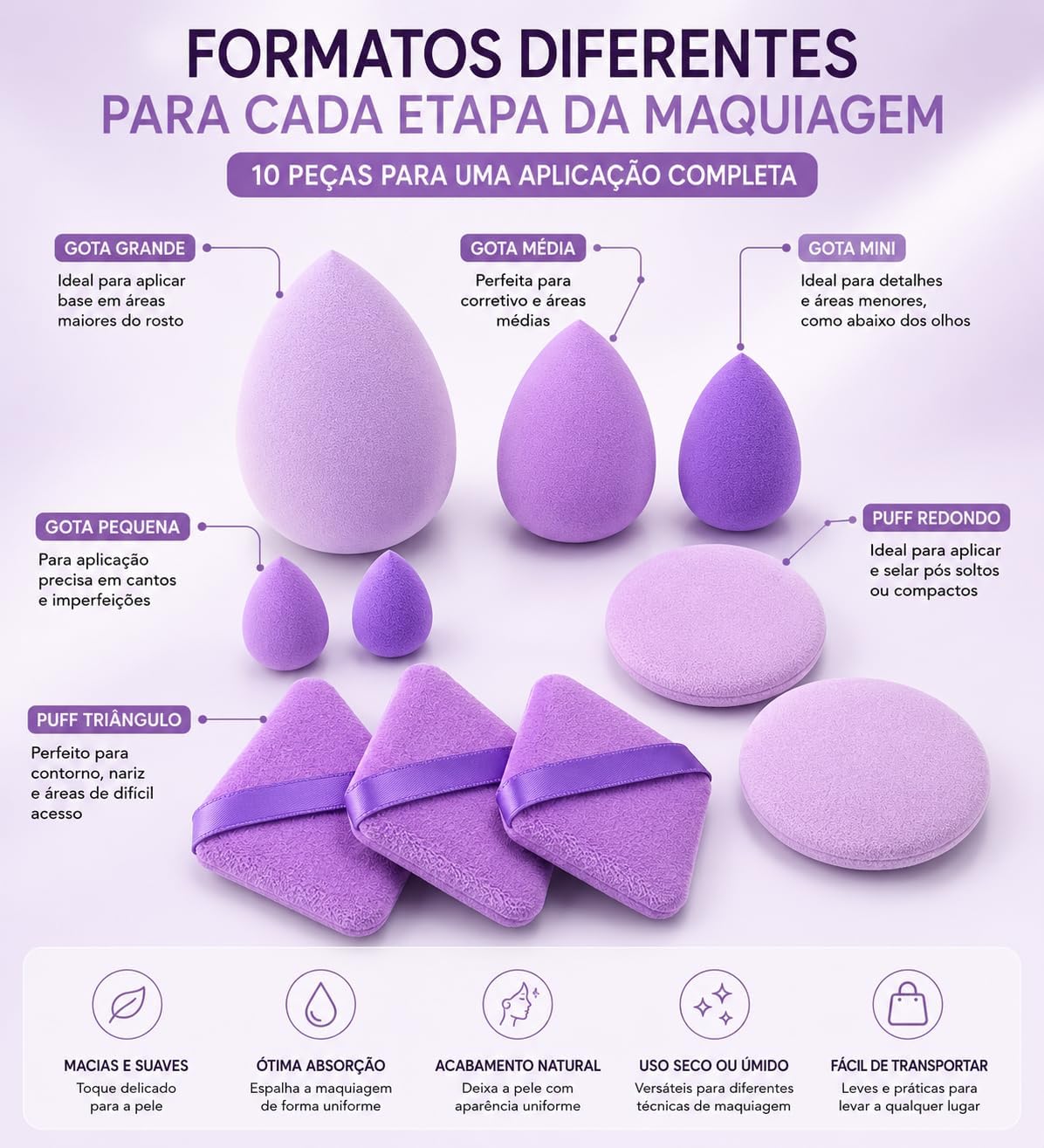 Kit 10 Esponjas de Maquiagem e Puffs Multiformatos para Base, Corretivo, Pó e Contorno Acabamento Uniforme - Imagem 3