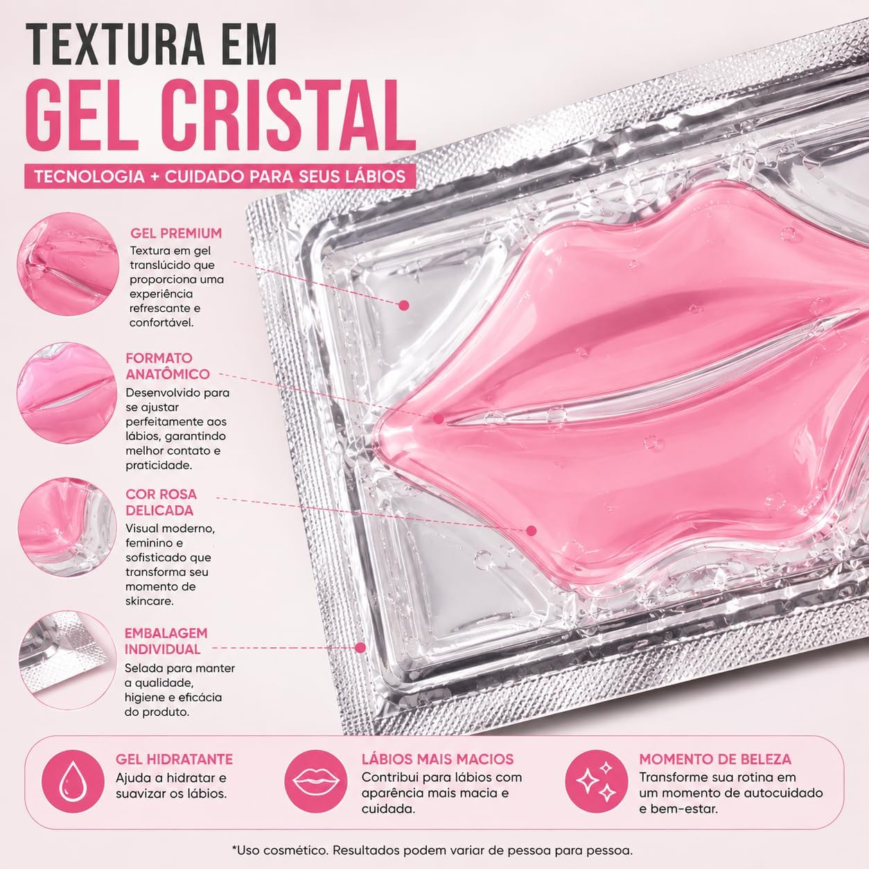 Kit 3x Máscara Labial de Colágeno de Cristal Rosa Hidratante Anti Rugas Nutritivo Beleza Lábios Premium - Imagem 5
