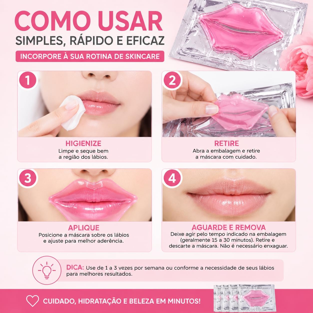 Kit 3x Máscara Labial de Colágeno de Cristal Rosa Hidratante Anti Rugas Nutritivo Beleza Lábios Premium - Imagem 6