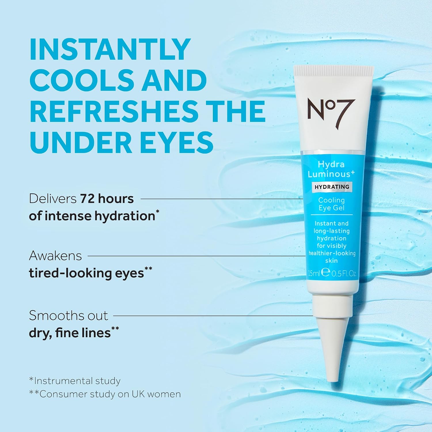 No7 HydraLuminous+ Gel refrescante sob os olhos - Gel hidratante para os olhos para suavizar a secagem, linhas finas com ácido hialurônico e vitamina B3 niacinamida - revela uma pele visivelmente mais - Imagem 2
