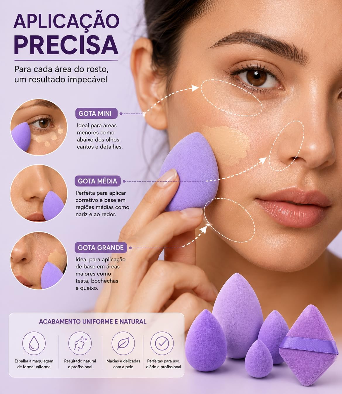 Kit 10 Esponjas de Maquiagem e Puffs Multiformatos para Base, Corretivo, Pó e Contorno Acabamento Uniforme - Imagem 4