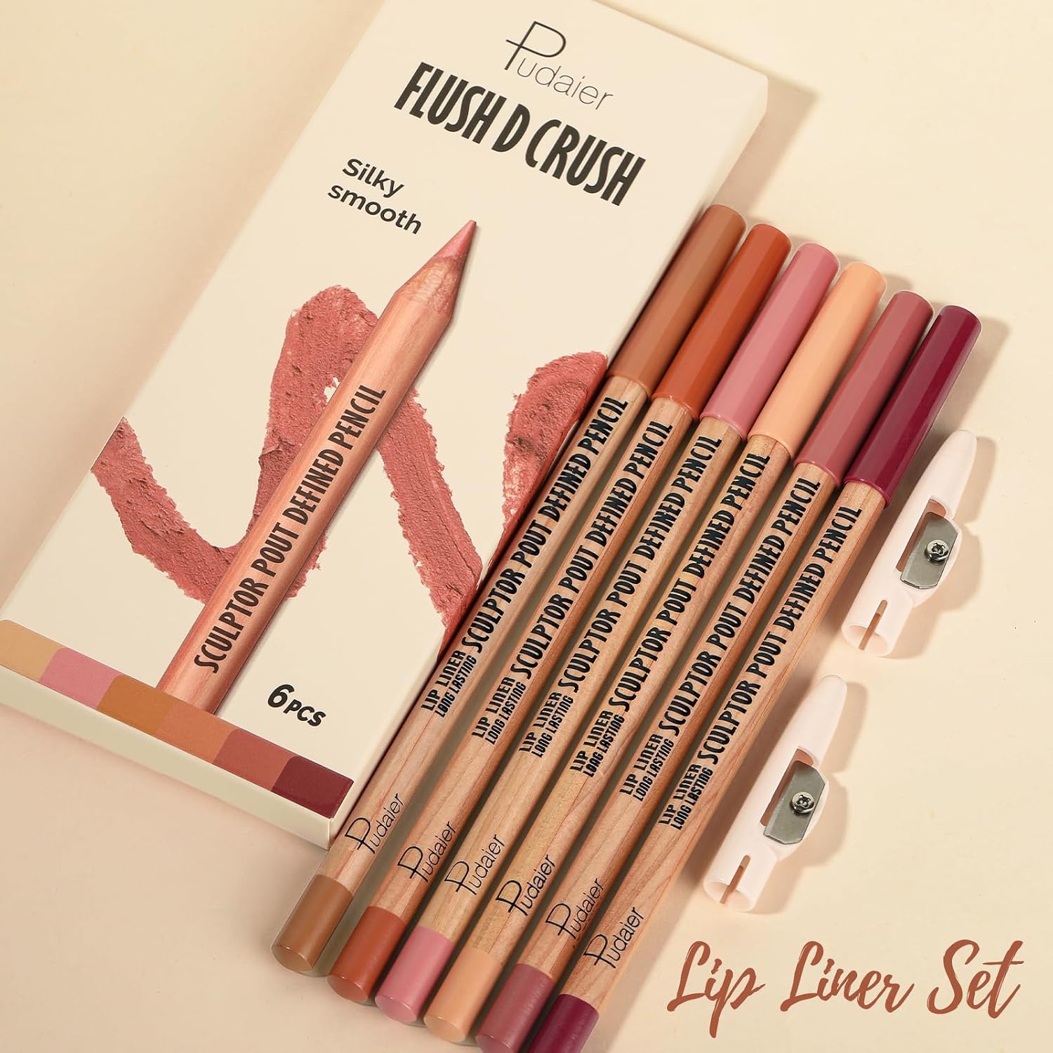 Pudaier Conjunto de delineador labial fosco para mulheres, maquiagem labial de longa duração, kit de delineador labial suave com 6 cores, lápis delineador labial à prova d'água para definir e - Imagem 7