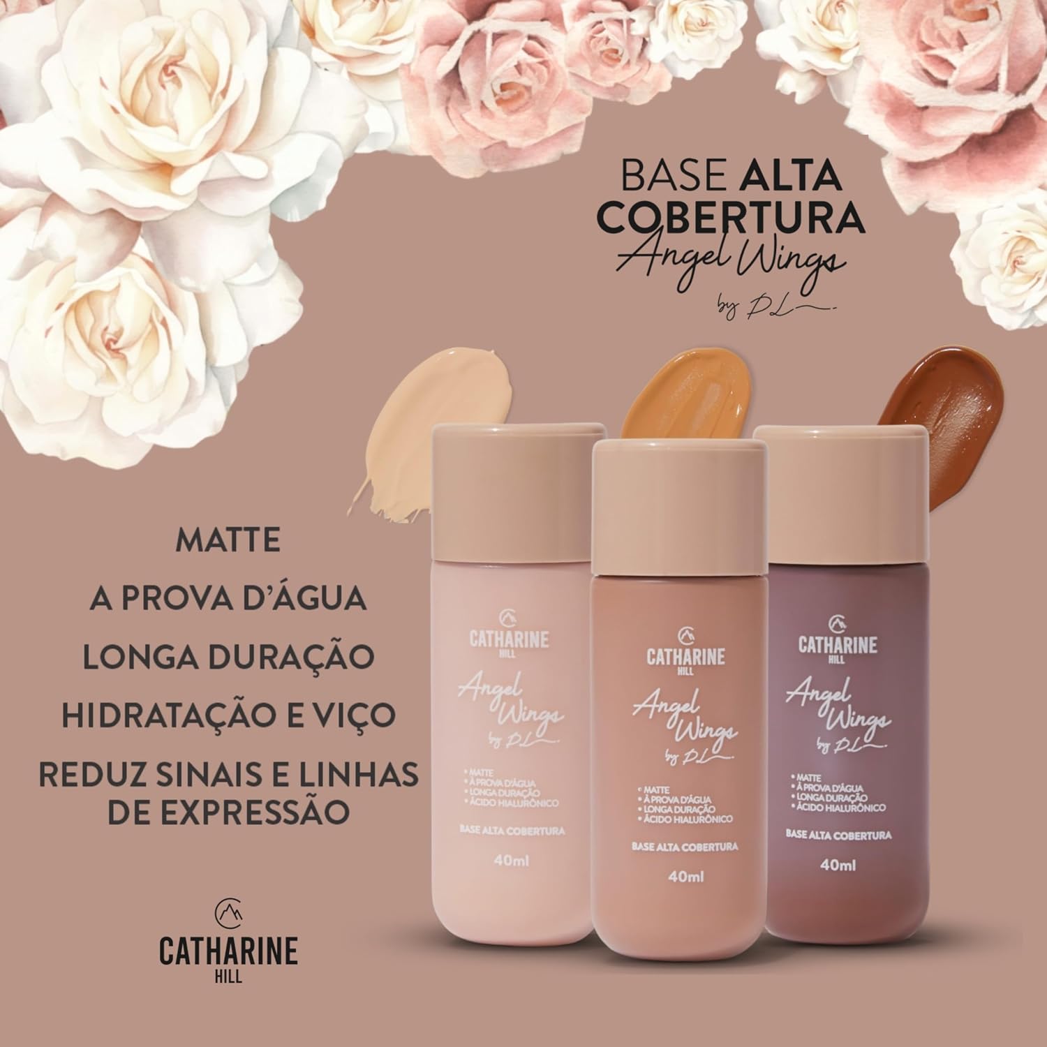 Catharine Hill Base Líquida Alta Cobertura Angel Wings 2022/A0 40ml À Prova D'água Acabamento Matte Vegano Ácido Hialurônico