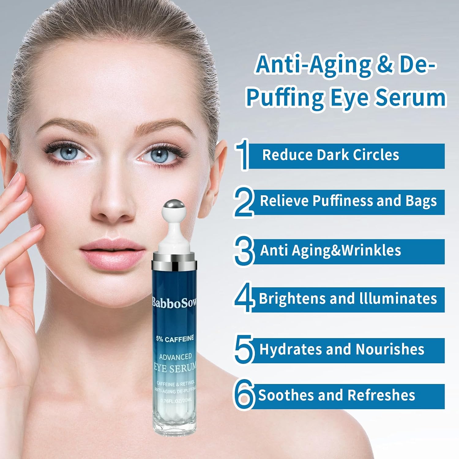Creme para os olhos com 5% de cafeína e rolo de 360°, 22,48 ml | Para olheiras, bolsas fofas e linhas finas. Enriquecido com palmitato de retinila e uma bola de massagem com rolo. - Imagem 2