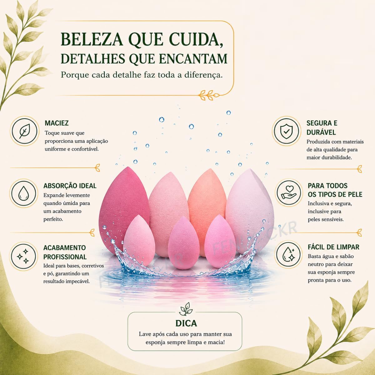 Kit 7 Esponjas de Maquiagem Sem Látex, Formatos Gota e Chanfrada, com Mini Esponjas e Pote Organizador - Imagem 9