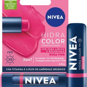 NIVEA Hidratante Labial Hidra Color 2 em 1 Rosa Pink 4,8g - Combina cor intensa e hidratação enriquecida com Manteiga de Karité, Óleo de Amêndoas orgânico e Vitamina E