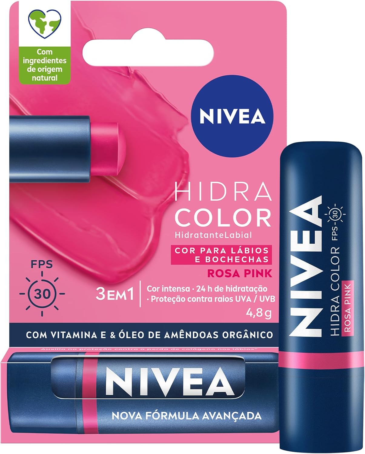 NIVEA Hidratante Labial Hidra Color 2 em 1 Rosa Pink 4,8g - Combina cor intensa e hidratação enriquecida com Manteiga de Karité, Óleo de Amêndoas orgânico e Vitamina E
