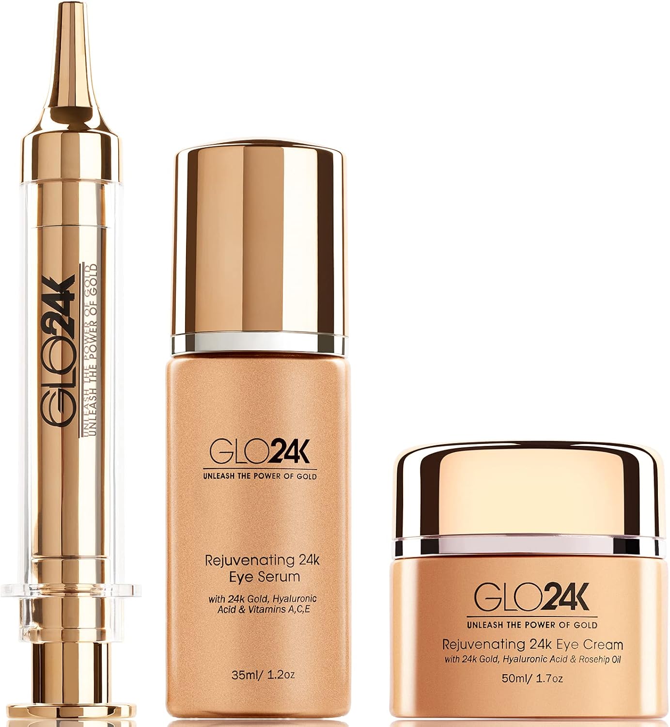 GLO24K Conclua Eye Care Set com nosso 24k instantâneo Facelift Cream, Creme para os olhos, e Eye Serum.