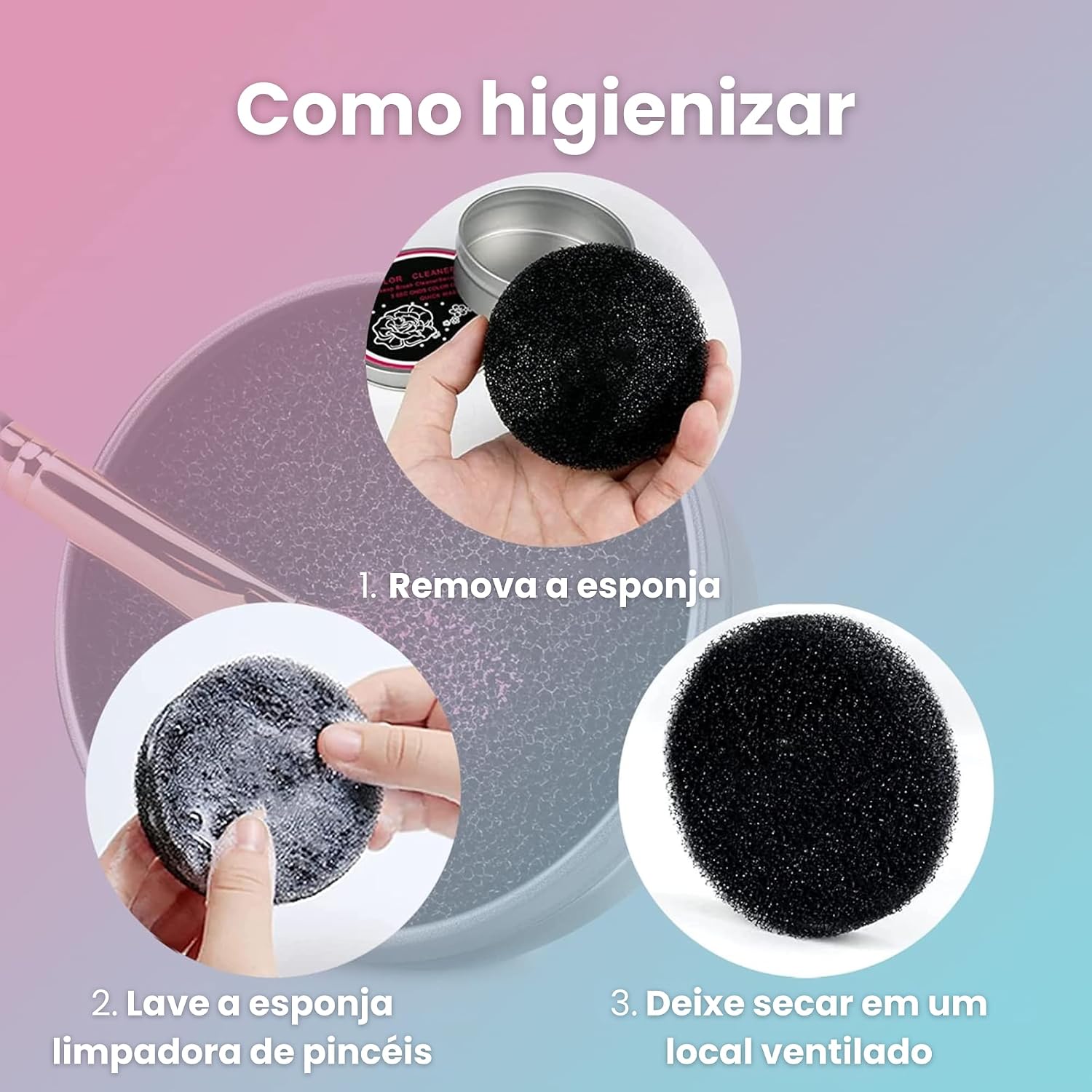 Kit 2 Esponjas de Limpeza a Seco para Pincéis de Maquiagem em Lata Metálica – Remove Cor Instantaneamente, Ideal para Sombra, Blush e Olhos, Portátil e Reutilizável - Imagem 4