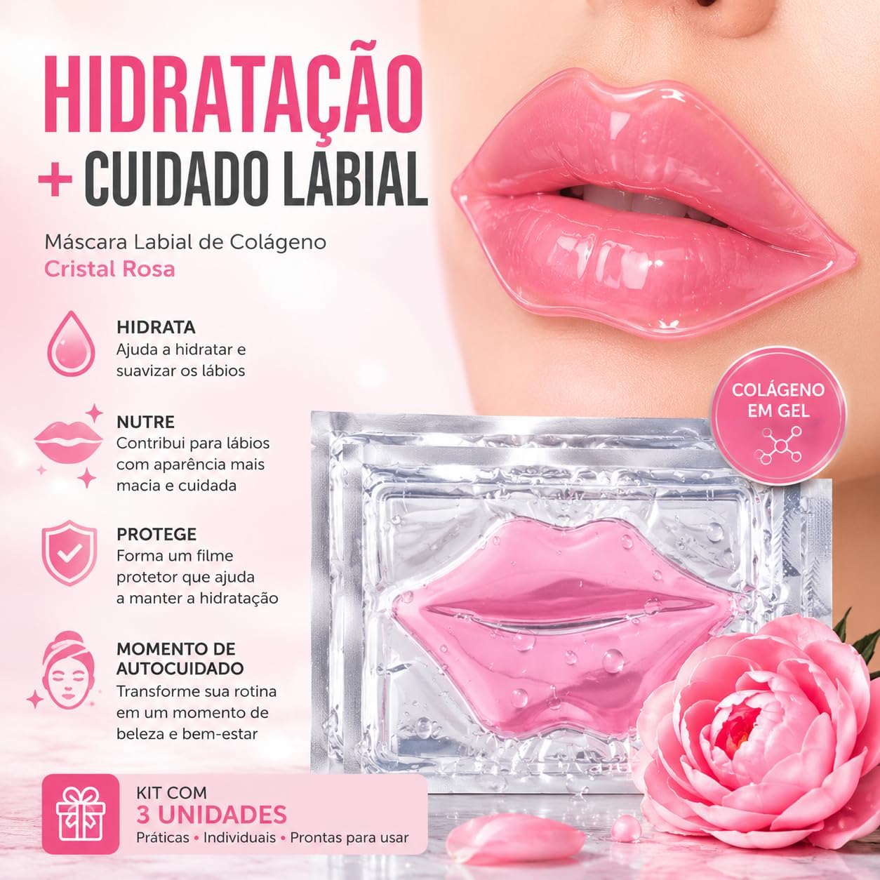 Kit 3x Máscara Labial de Colágeno de Cristal Rosa Hidratante Anti Rugas Nutritivo Beleza Lábios Premium - Imagem 3