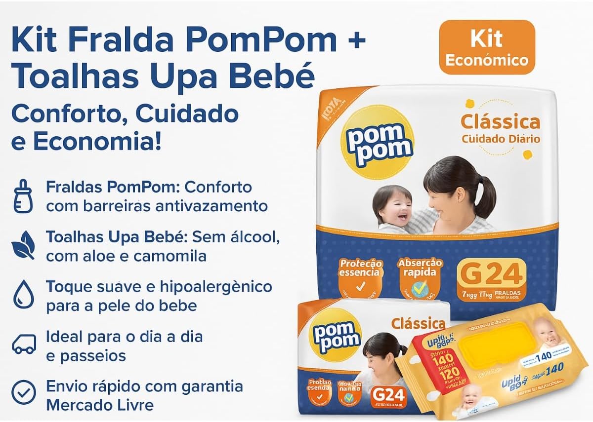 Kit 01 Pacote Fraldas Descartáveis PomPom P M G XG + 140 Lenços Toalhas Umedecidos para Bebê UPA (X-Grande) - Imagem 5