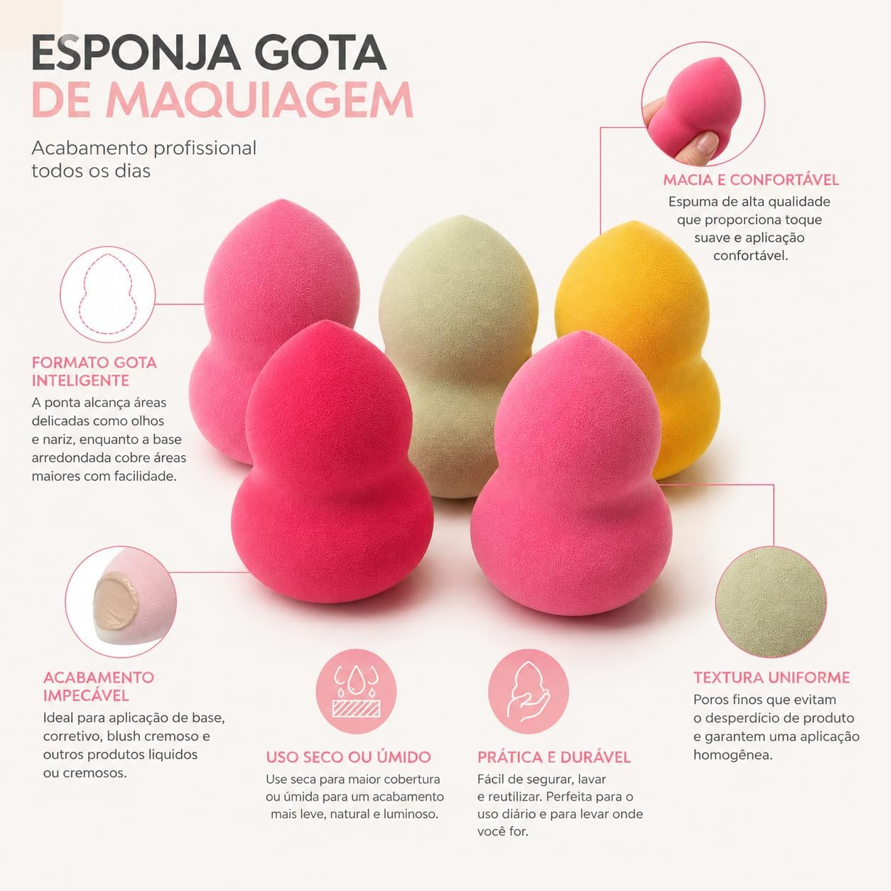 Kit 2 Esponjas de Maquiagem Gota | Cores Sortidas | Formato Gota, Cores Sortidas - Imagem 4