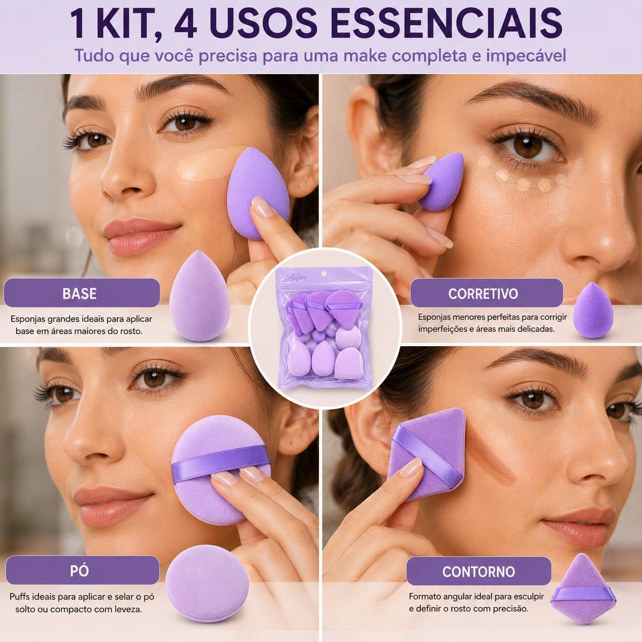 Kit 10 Esponjas de Maquiagem e Puffs Multiformatos para Base, Corretivo, Pó e Contorno Acabamento Uniforme - Imagem 5