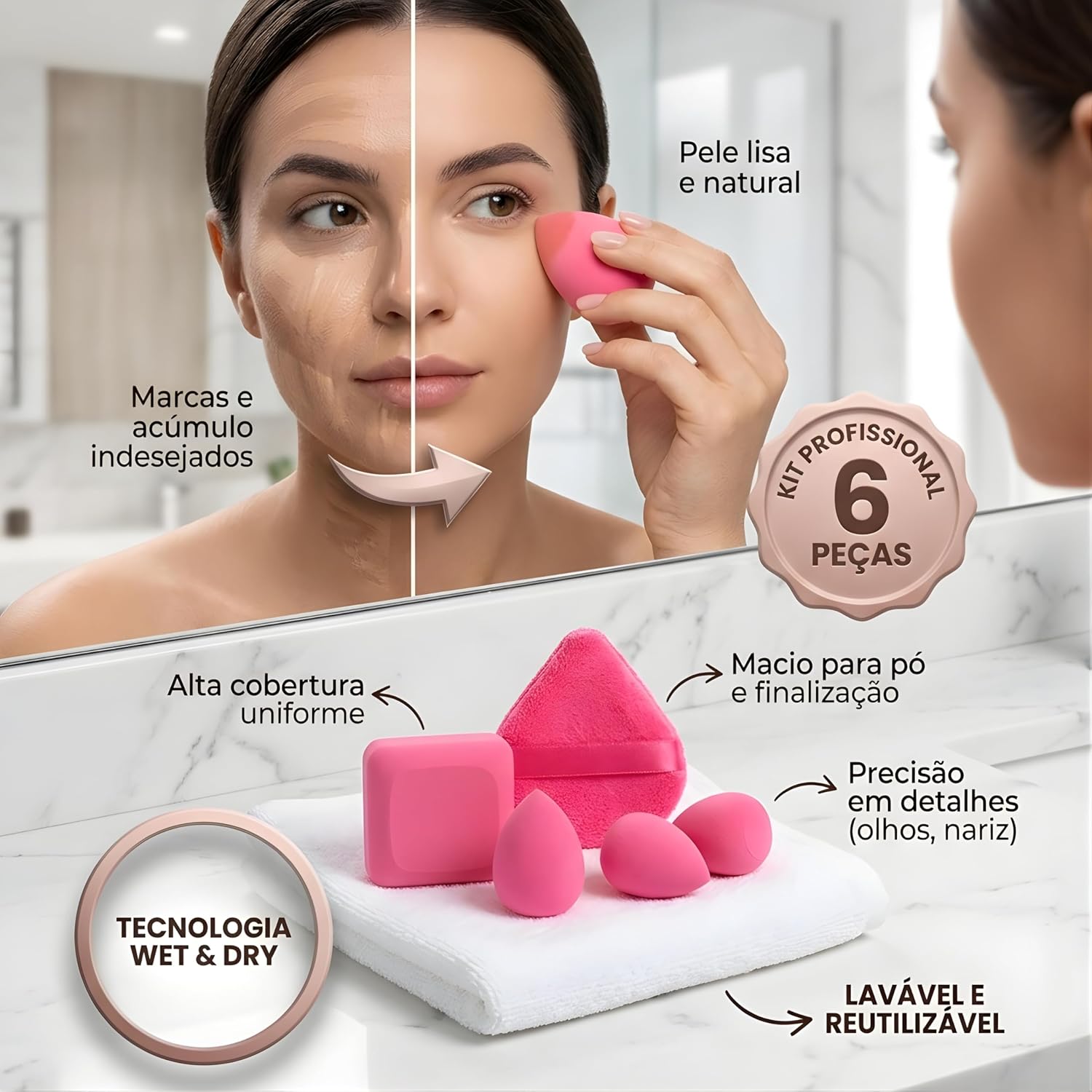 Kit 6 Esponjas de Maquiagem Beauty Blender Puff para Base Corretivo e Pó - Imagem 6