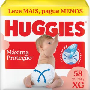 Fralda Descartável Huggies Máxima Proteção Tamanho XG 58 unidades – Fralda aberta com tecnologia Xtra-Flex, canais em X que se adaptam aos movimentos e máxima proteção sem fralda caída