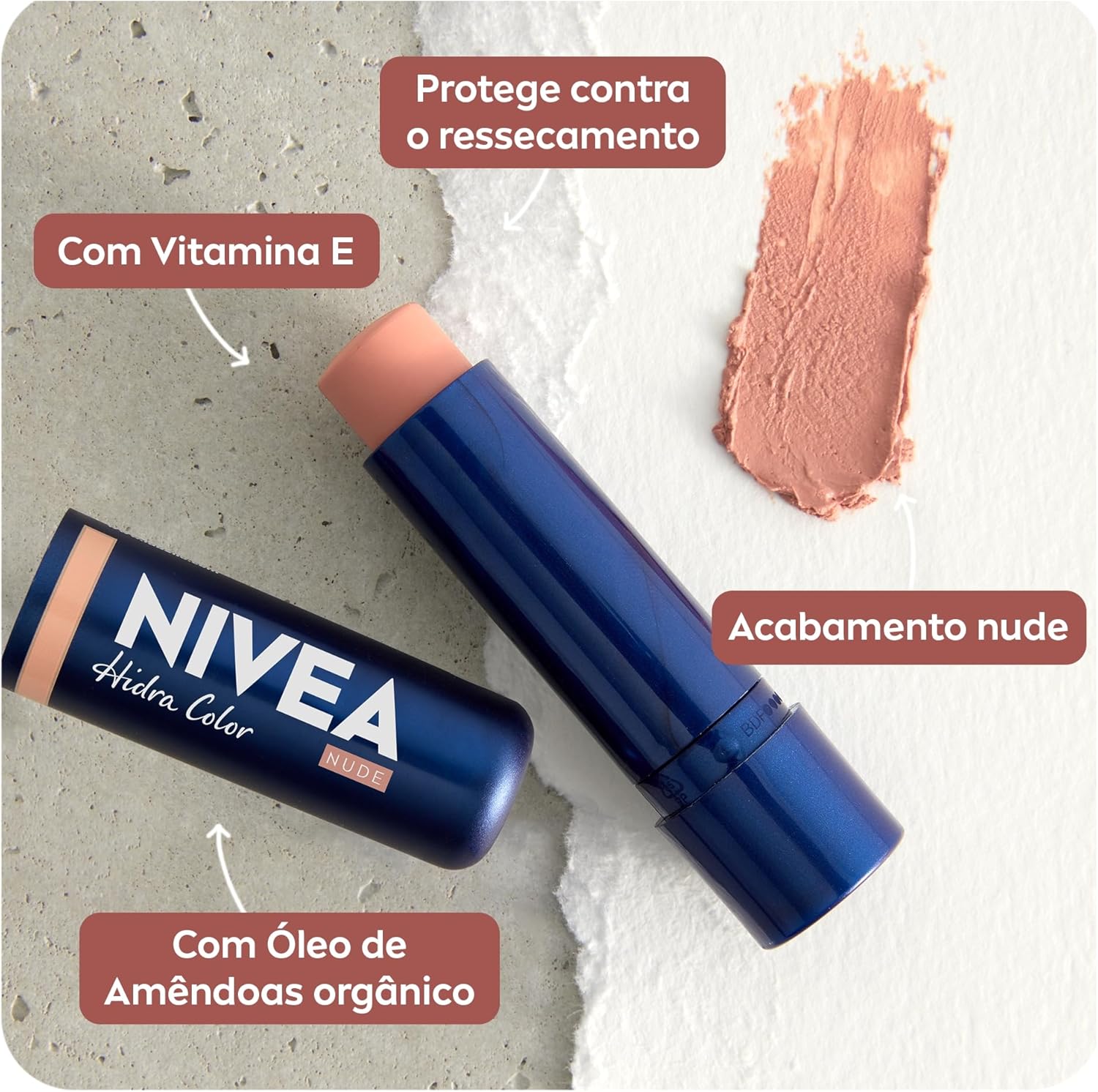 NIVEA Hidratante Labial Hidra Color 2 em 1 Nude 4,8g - Combina cor suave e hidratação enriquecida com Manteiga de Karité, Óleo de Amêndoas orgânico e Vitamina E, que protegem os lábios - Imagem 4