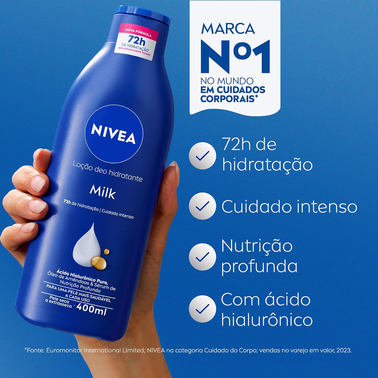 NIVEA Loção Deo-Hidratante Milk 400ml, Hidratação Profunda 72h, Hialurônico Puro, Corporal, Pele Seca e Extrasseca - Imagem 2