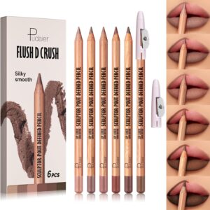 Pudaier Conjunto de delineador labial fosco para mulheres, maquiagem labial de longa duração, kit de delineador labial suave com 6 cores, lápis delineador labial à prova d'água para definir e