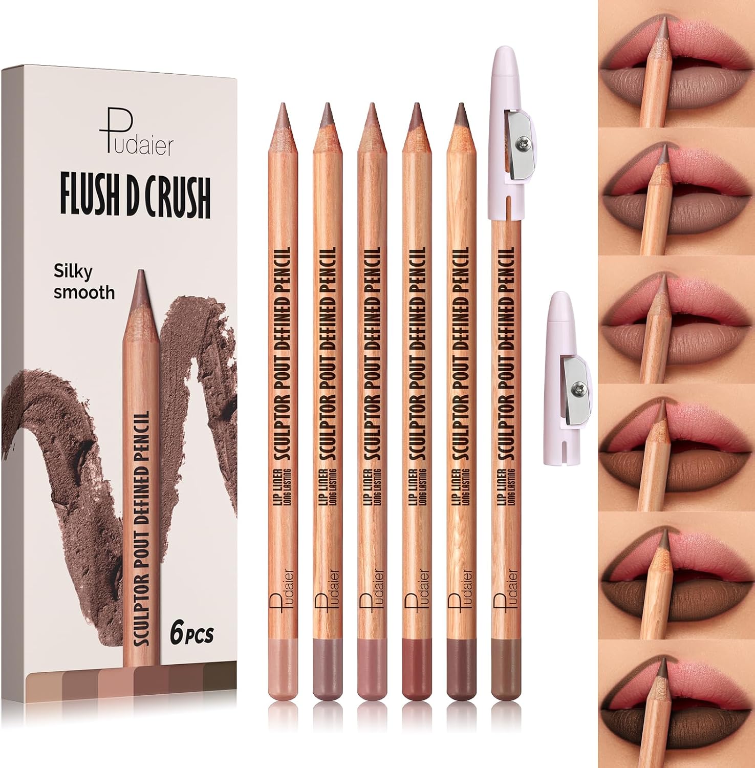 Pudaier Conjunto de delineador labial fosco para mulheres, maquiagem labial de longa duração, kit de delineador labial suave com 6 cores, lápis delineador labial à prova d'água para definir e
