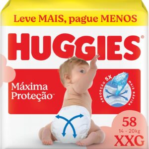 Fralda Descartável Huggies Máxima Proteção Tamanho XXG 58 unidades – Fralda aberta com tecnologia Xtra-Flex, canais em X que se adaptam aos movimentos e máxima proteção sem fralda caída