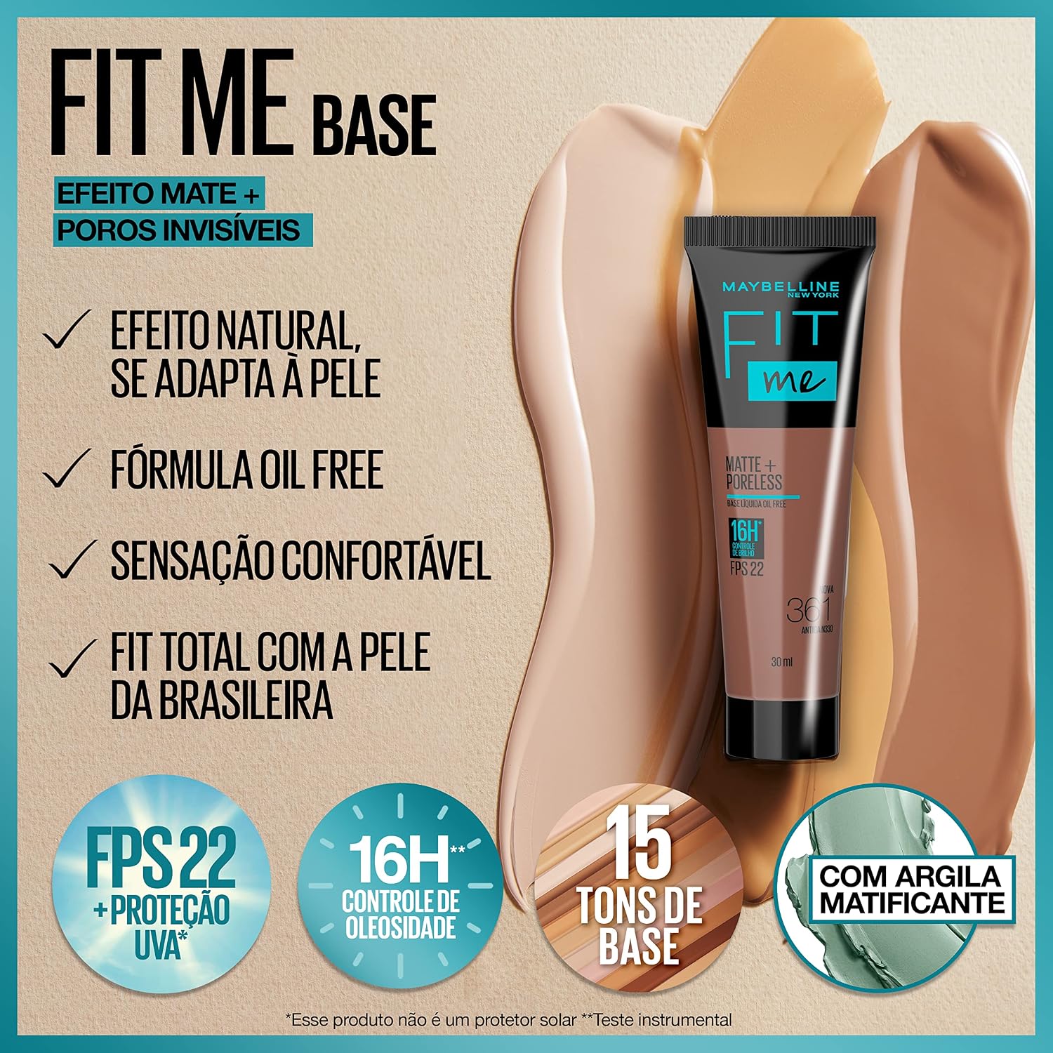 Base Líquida Maybelline NY Fit Me Matte FPS 22 Cor 351 (Antiga N300), 30ml - Imagem 3
