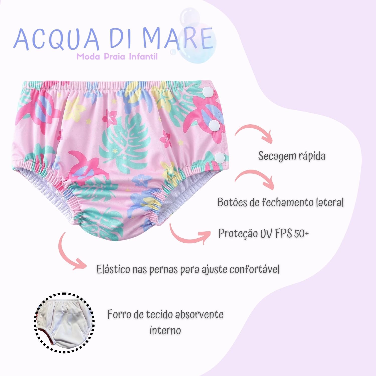 Acqua di Mare kit c/2 Biquini com Fralda Reutilizável de Piscina para Bebê Menina 6 a 24 meses (Flamingo e Tartarugas, 18 meses) - Imagem 3