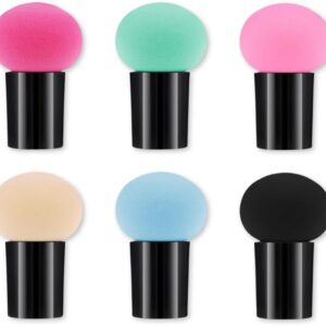Kit com 6 esponjas de maquiagem tipo cogumelo com cabo para base, corretivo e pó – uso seco e molhado, acabamento natural e uniforme